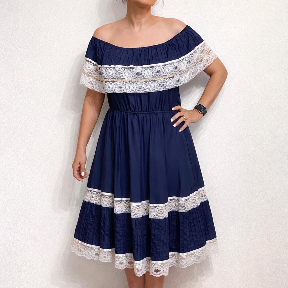 70s Navy Blue White Lace Off Shoulder Prairie Tiered Midi Vintage Dress Sz 10
